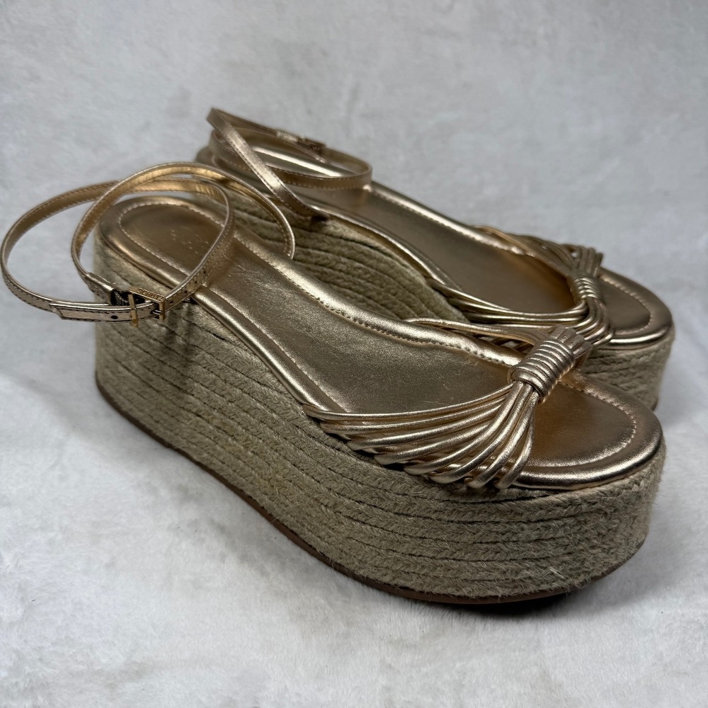 Schutz Gold Metallic Strappy Espadrille Platform Sandals Ankle Strap Flatform 8